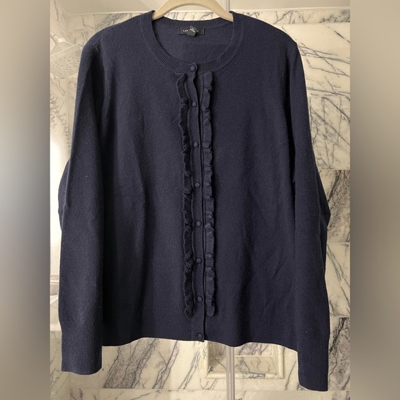 Lands' End 100% Cashmere Navy Ruffle Button Cardigan Sweater  Size 1X #K543 - Picture 3 of 3